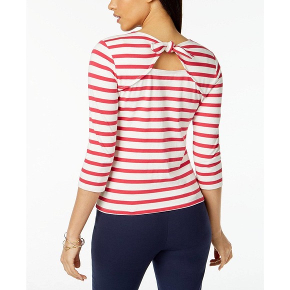 Maison Jules Tops - Maison Jules Red/White Striped Bow Back 3/4 Sleeve T-Shirt XS